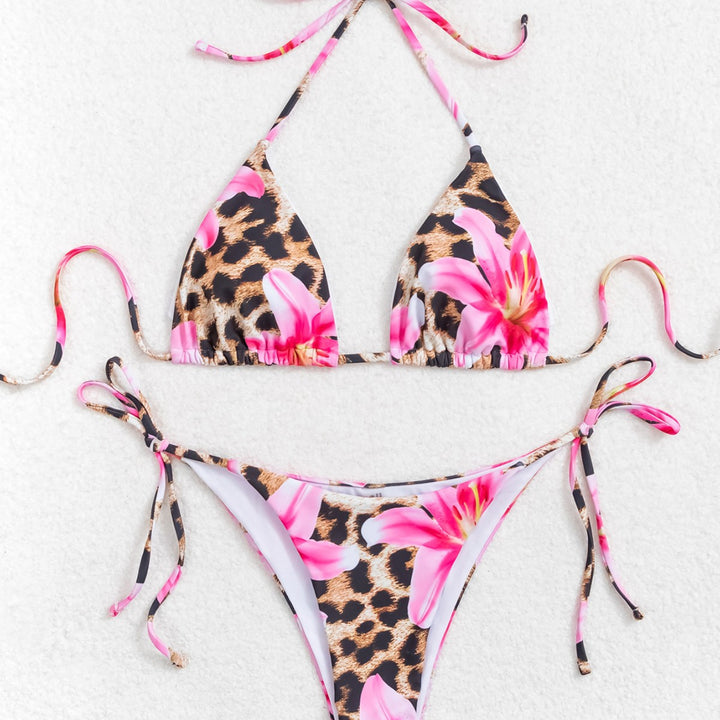 Damen Triangel-Bikini mit floralem Leopardenmuster und verstellbaren Bindebändern Drune