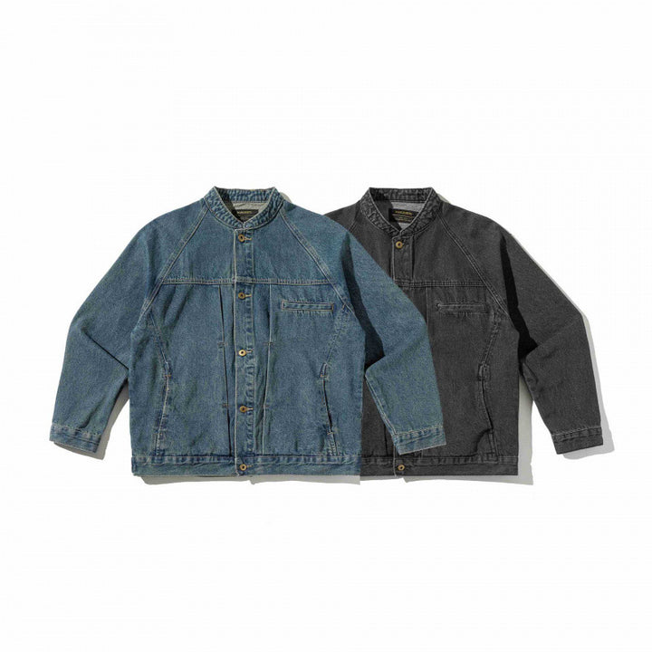 Unisex Boxige Denim‑Hemdjacke im Worker‑Look mit Stehkragen, Raglanärmeln und Brust‑Welttasche Drune