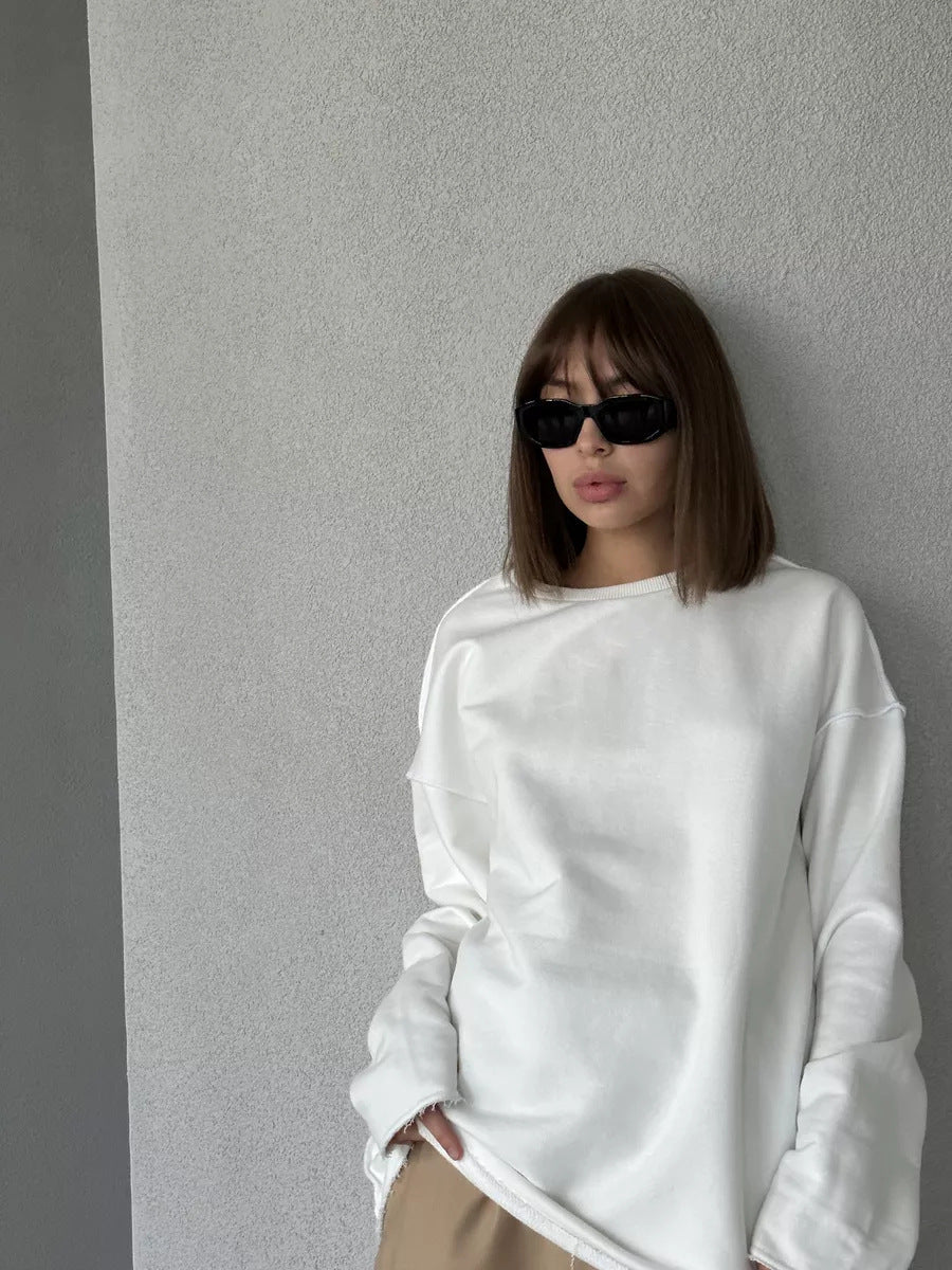Damen oversized Sweatshirt mit ausgefranstem Saum und verlängerten Ärmeln Drune