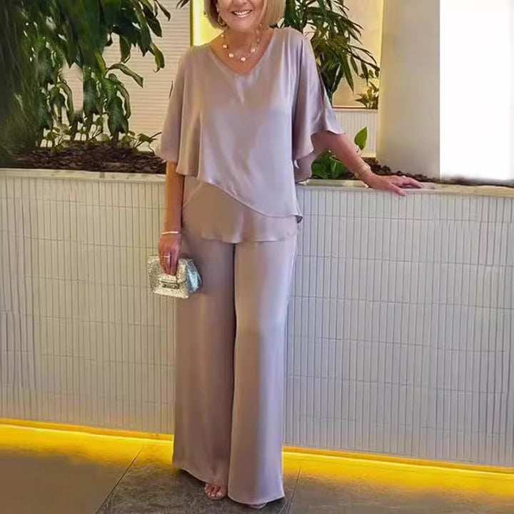Damen elegante Kombination aus fließendem Oberteil und weitem Hosendesign Drune