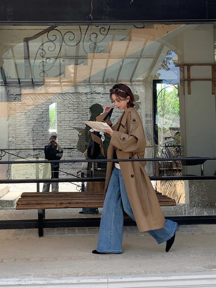 Damen Langer Trenchcoat im Oversize‑Look mit Bindegürtel und Schulterpatten Drune