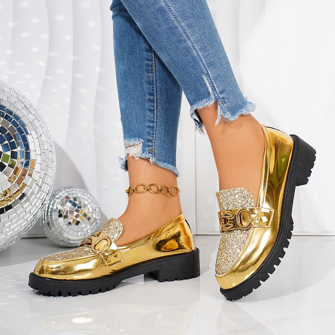 Damen Lackloafer mit glitzernder Vorderkappe, Schlupfdesign und profilierter Plateausohle Drune