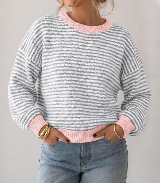 Damen Gestreifter Rippstrick-Pullover mit Kontrast-Bündchen Drune