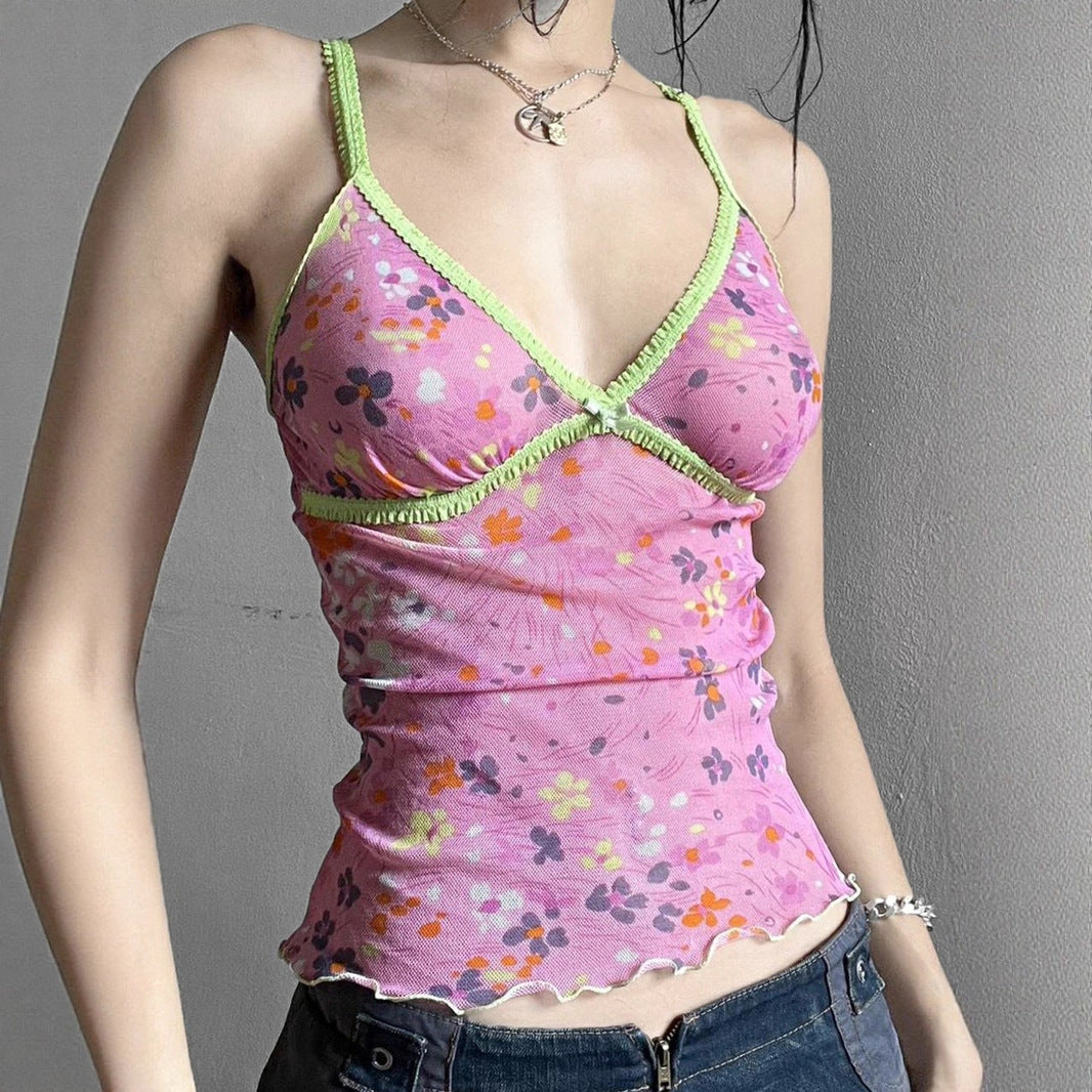 Damen Blumen Spaghetti Trägertop mit feinen Rüschendetails Drune