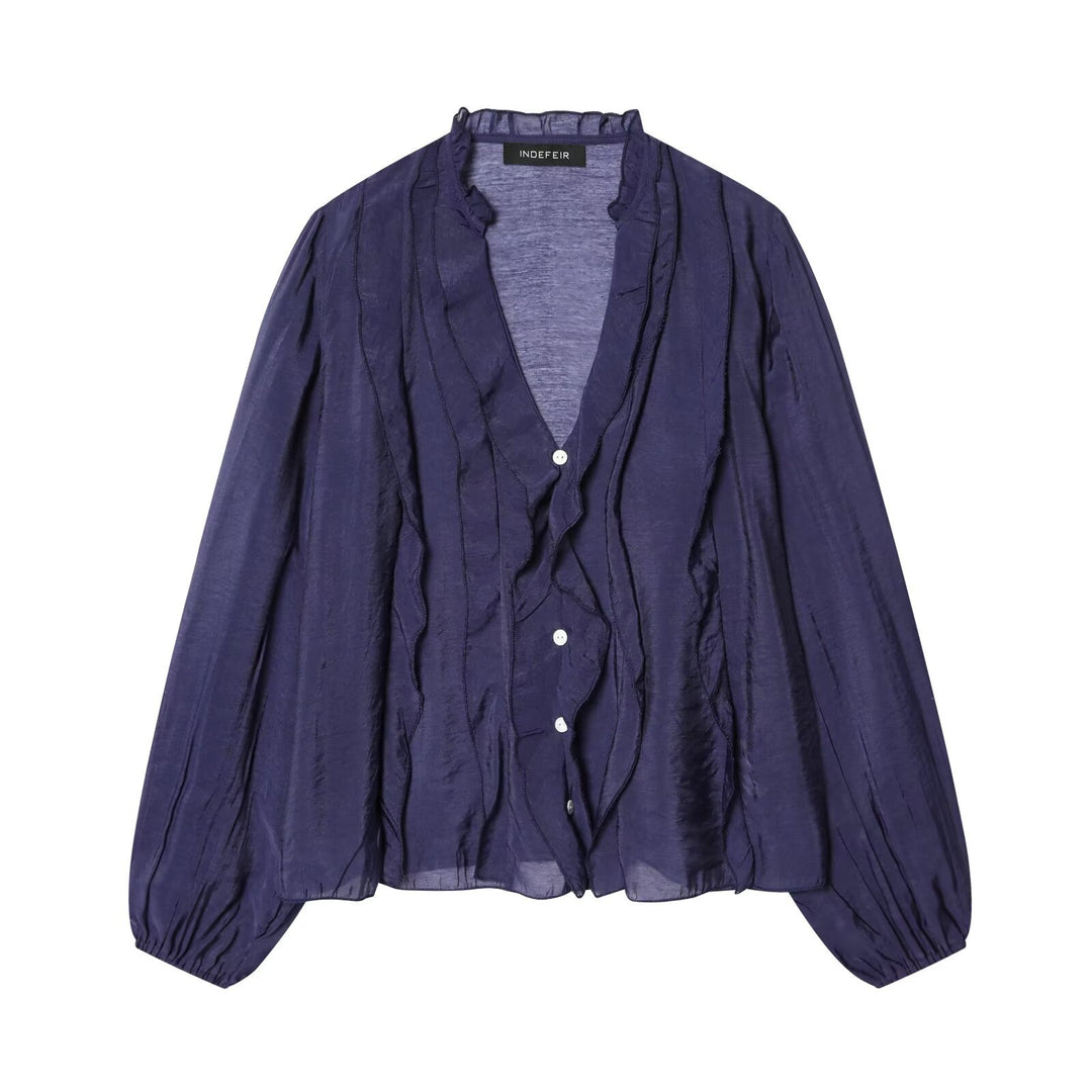 Damen Leichte Chiffon-Bluse mit Volantknopfleiste und Ballonärmeln Drune
