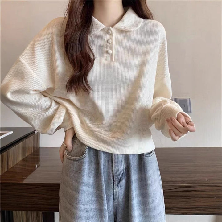 Damen lässiger Poloshirt-Pullover mit Knopfdetails Drune