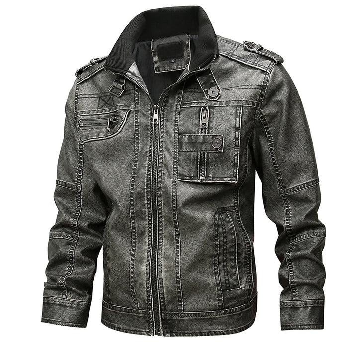 Herren Lässige Kunstleder-Bikerjacke mit Stehkragen, Reißverschluss-Front und Utility-Taschen Drune