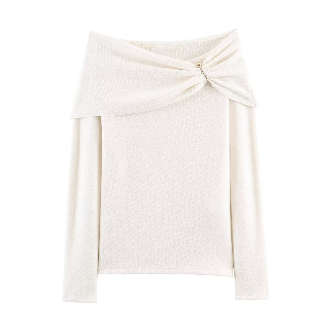 Damen 30+ schulterfreier Feinstrickpullover mit drapiertem Kragen und Ziernadel Drune