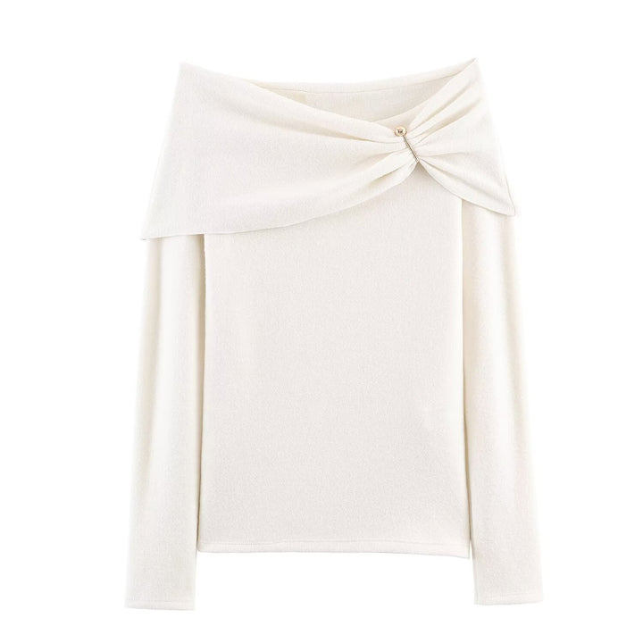 Damen 30+ schulterfreier Feinstrickpullover mit drapiertem Kragen und Ziernadel Drune