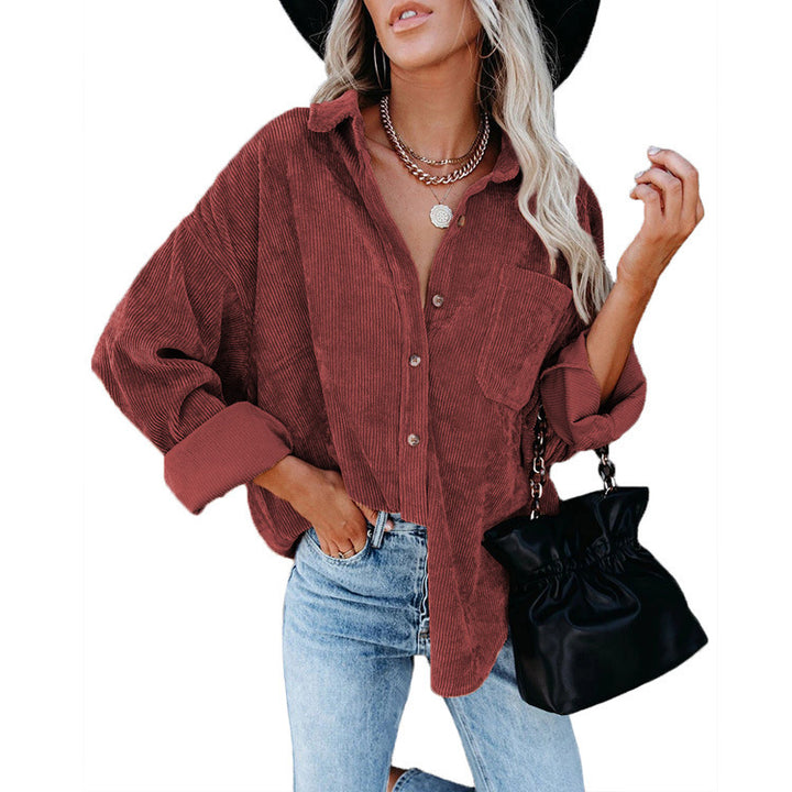 Damen Oversize Cordhemdjacke mit Brusttasche und durchgehender Knopfleiste Drune