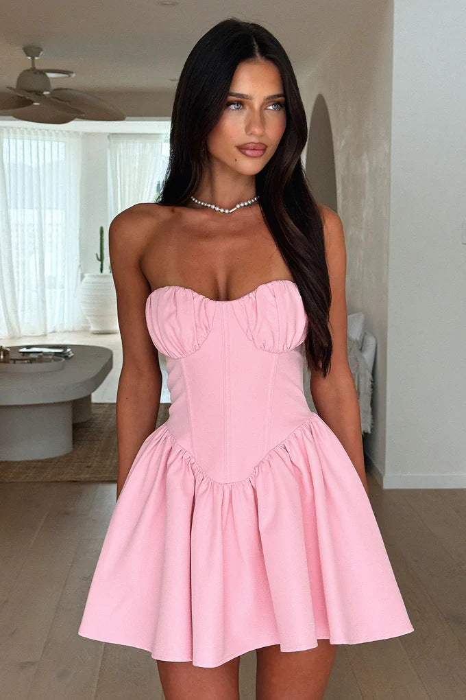 Damen Bustierkleid mit ausgestellt Rock und Raffungen Drune