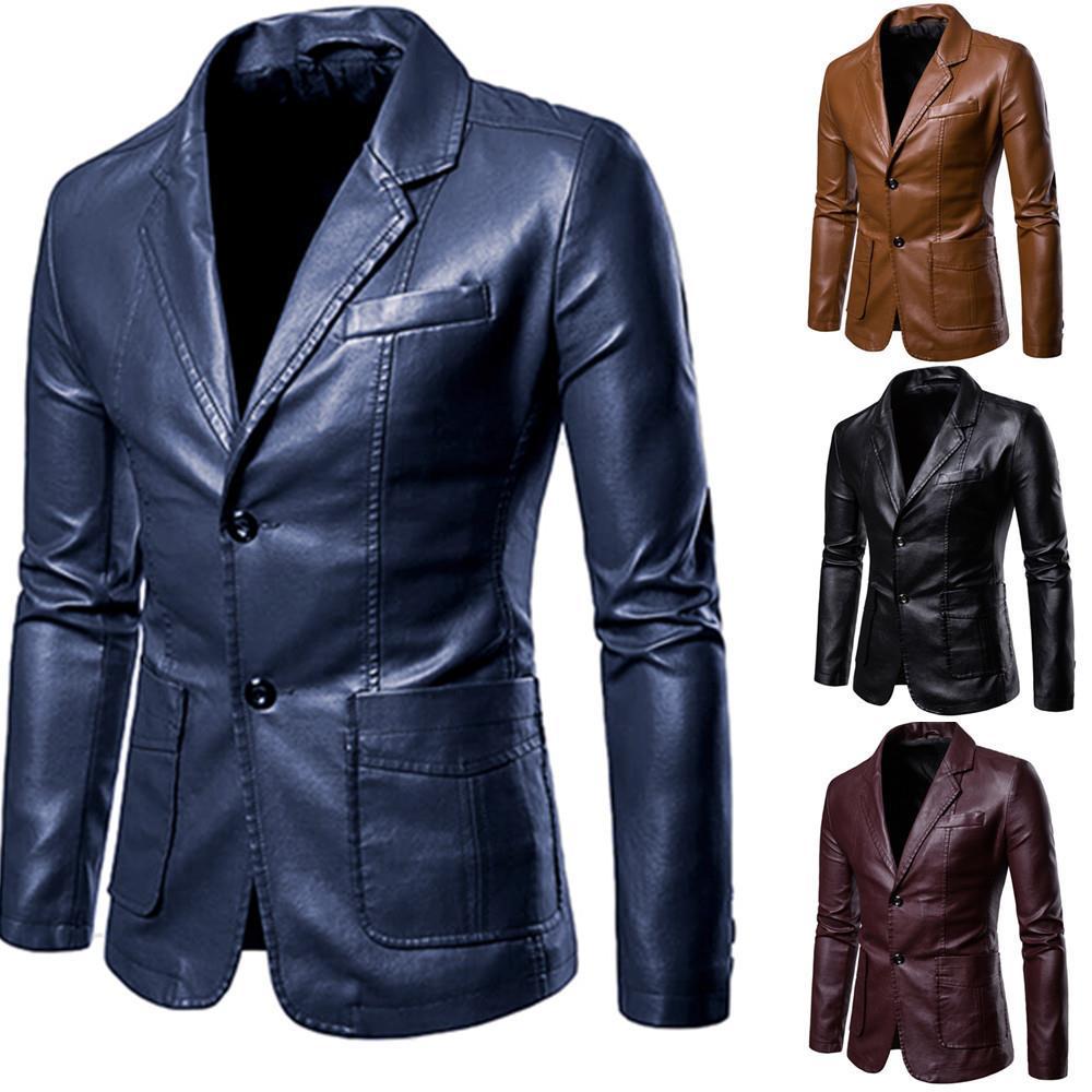 Herren nan schlanker Lederblazer mit Reverskragen und aufgesetzten Taschen Drune