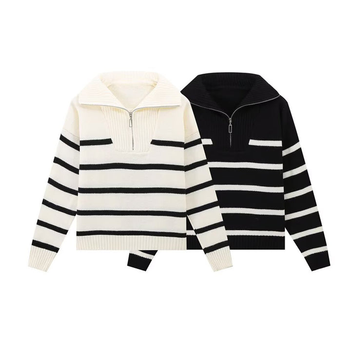 Damen Gestreifter Strickpullover mit hohem Rollkragen und halbem Reißverschluss Drune