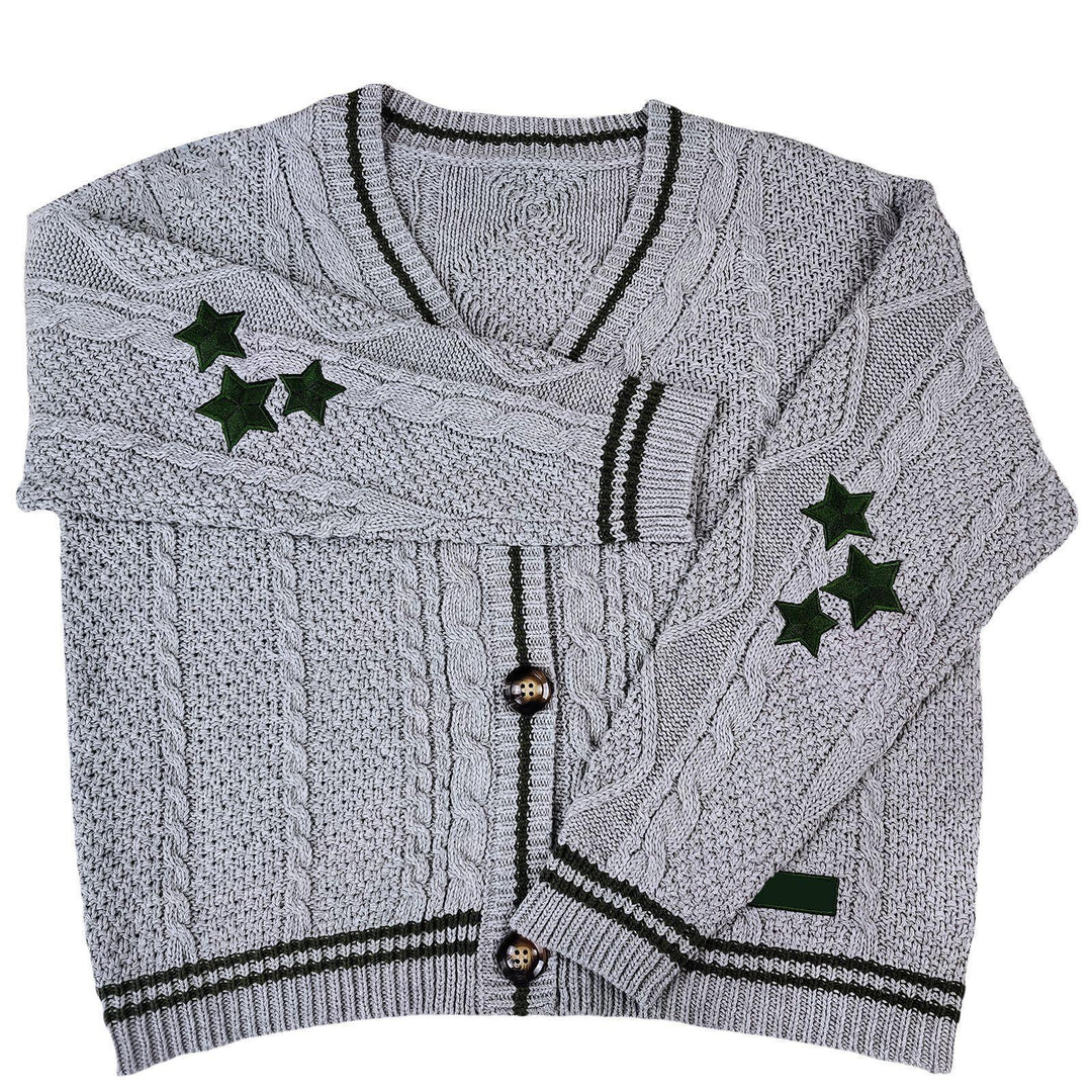 Damen nan oversized Zopfmuster-Cardigan mit V-Ausschnitt, Knopfleiste und Sternapplikationen Drune