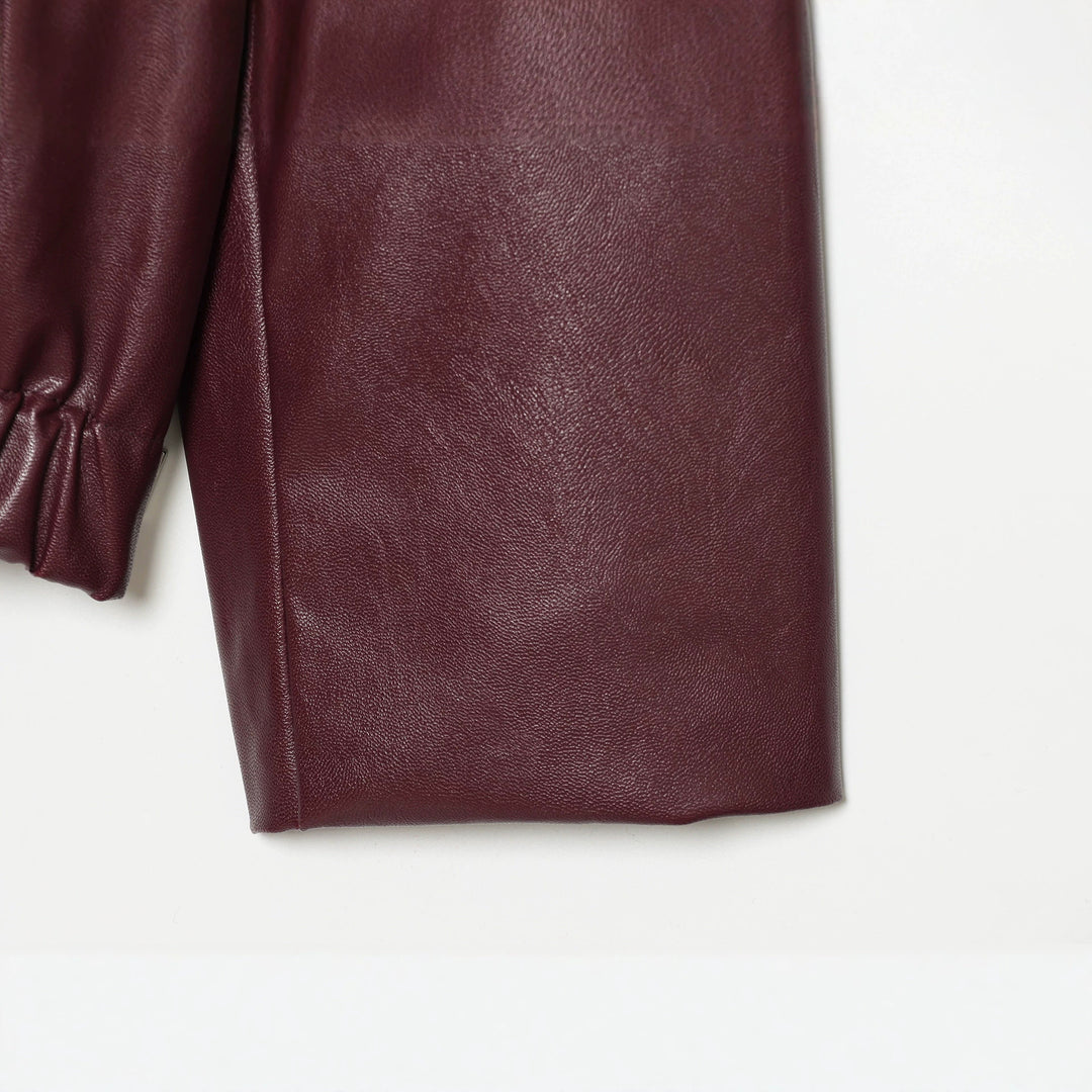 Damen Cropped Kunstleder-Bomberjacke mit Hemdkragen und elastischem Saum Drune
