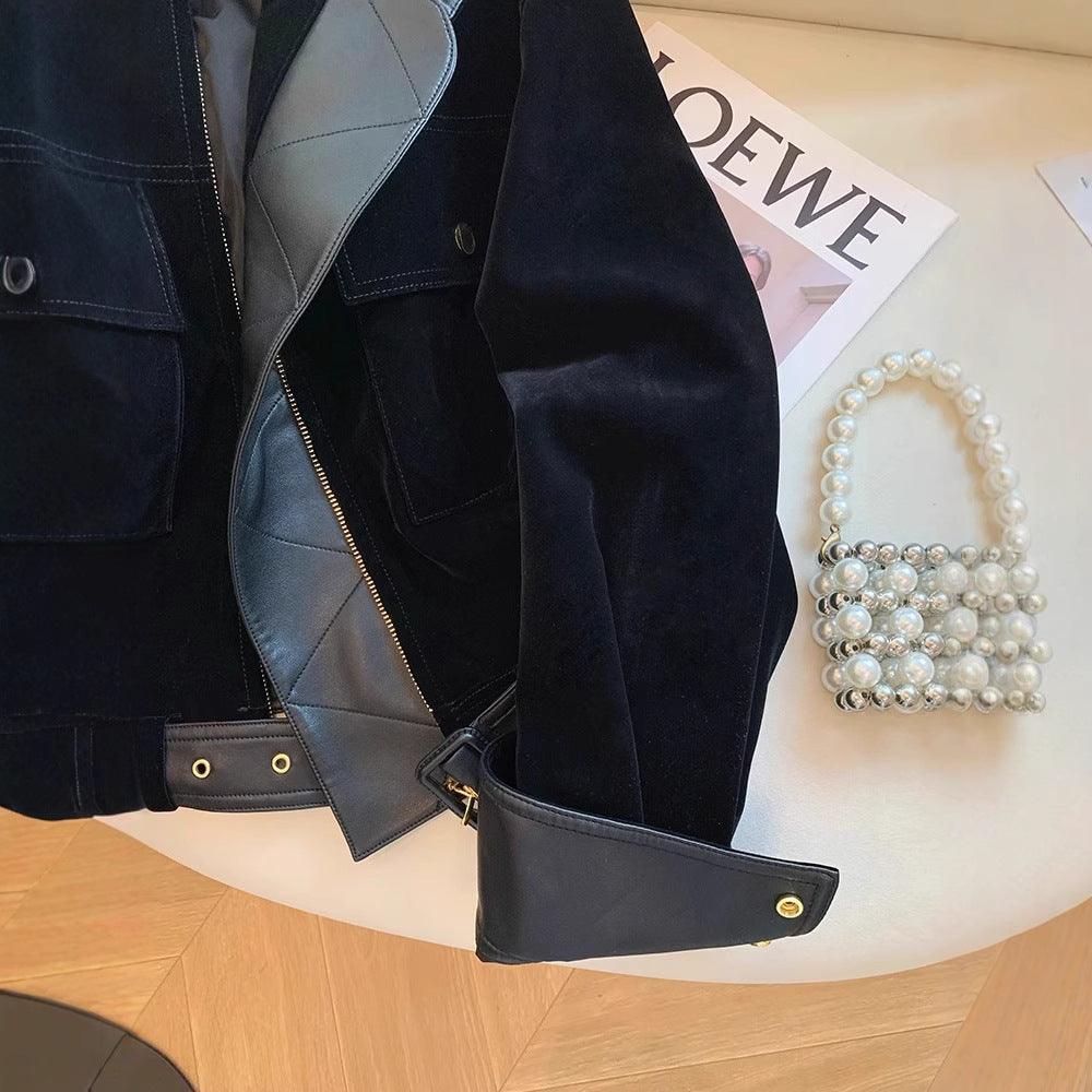Damen Modische samtige Übergangsjacke mit Lederakzenten Drune
