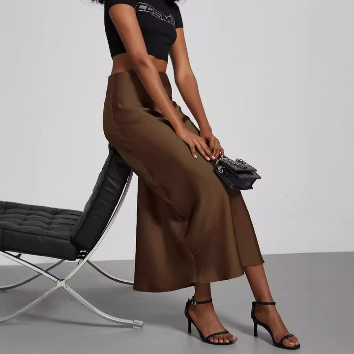 Damen Satin-Midirock mit hoher Taille und Bias-Cut Drune