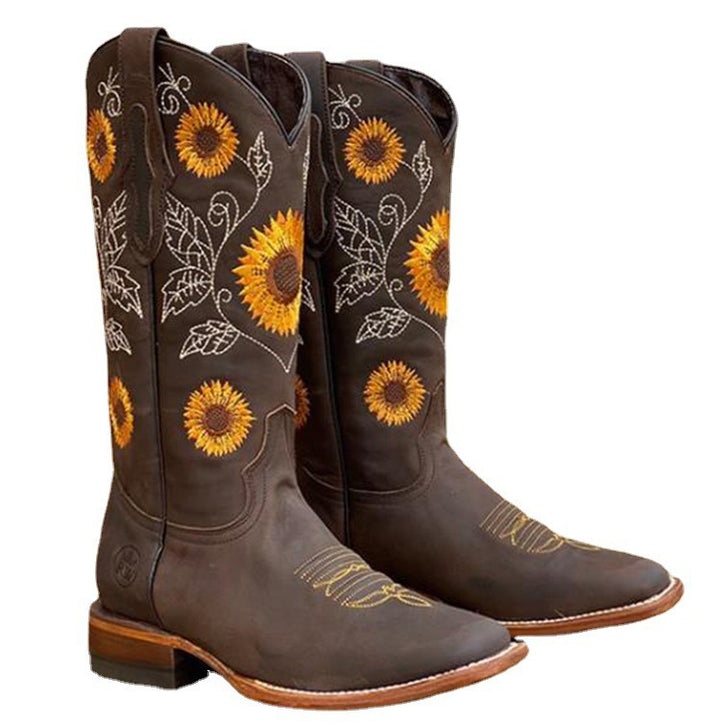Damen Western-Stiefel mit Sonnenblumen-Stickerei und mittelhohem Blockabsatz Drune