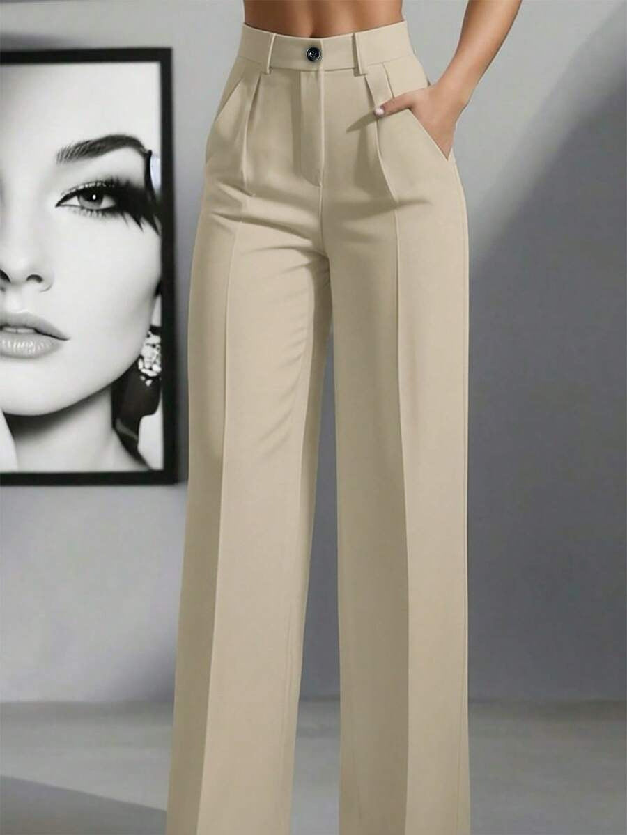 Damen Hochtaillierte Palazzo-Stretchhose mit Bügelfalte und Eingrifftaschen Drune