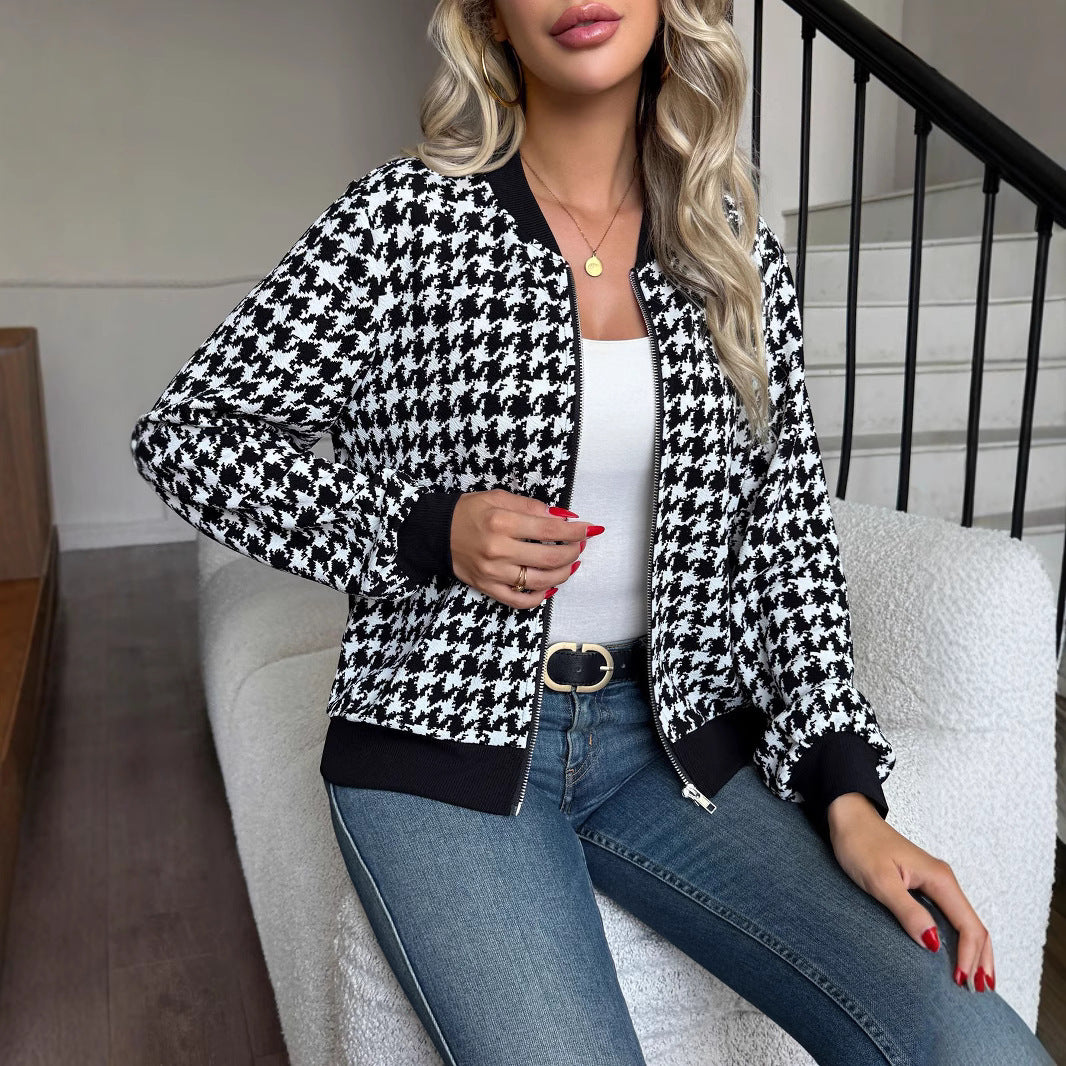 Damen Modischer Bomberjacke mit klassischem Hahnentrittmuster Drune