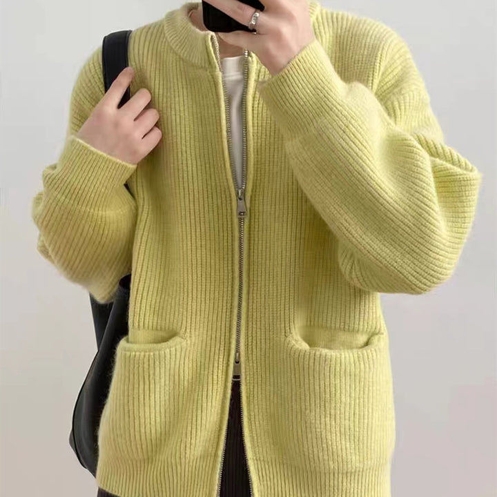 Damen lässige Strickjacke mit Reißverschluss und großen Taschen Drune