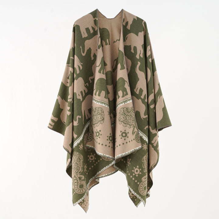 Damen Jacquard‑Ruana mit Elefantenmotiv und ornamentaler Bordüre Drune