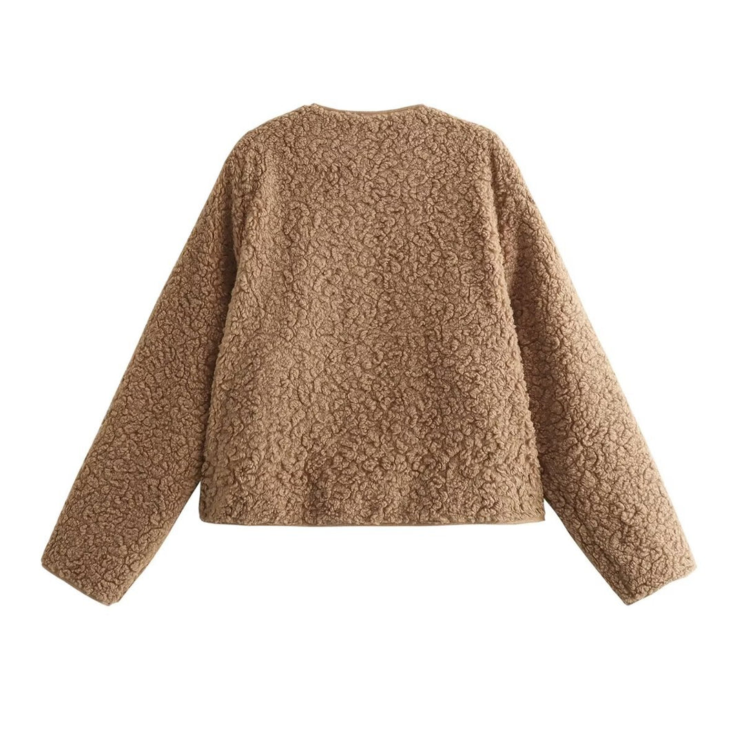 Damen nan kurzes Teddy-Fleece-Blouson mit Rundhals, durchgehendem Reißverschluss und nahtfeinen Eingrifftaschen Drune