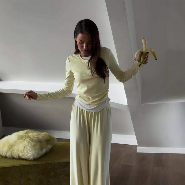 Damen Loungewear-Set aus weichem Modal mit Henley-Knopfleiste und weitem High-Waist Jogger Drune