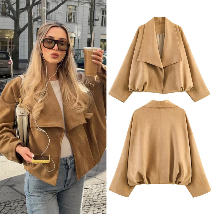 Damen Kurz geschnittene Oversize-Suedejacke mit weitem Wasserfallkragen Drune