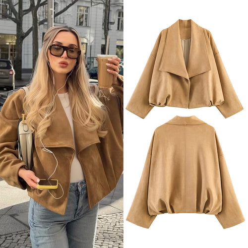 Damen Kurz geschnittene Oversize-Suedejacke mit weitem Wasserfallkragen Drune
