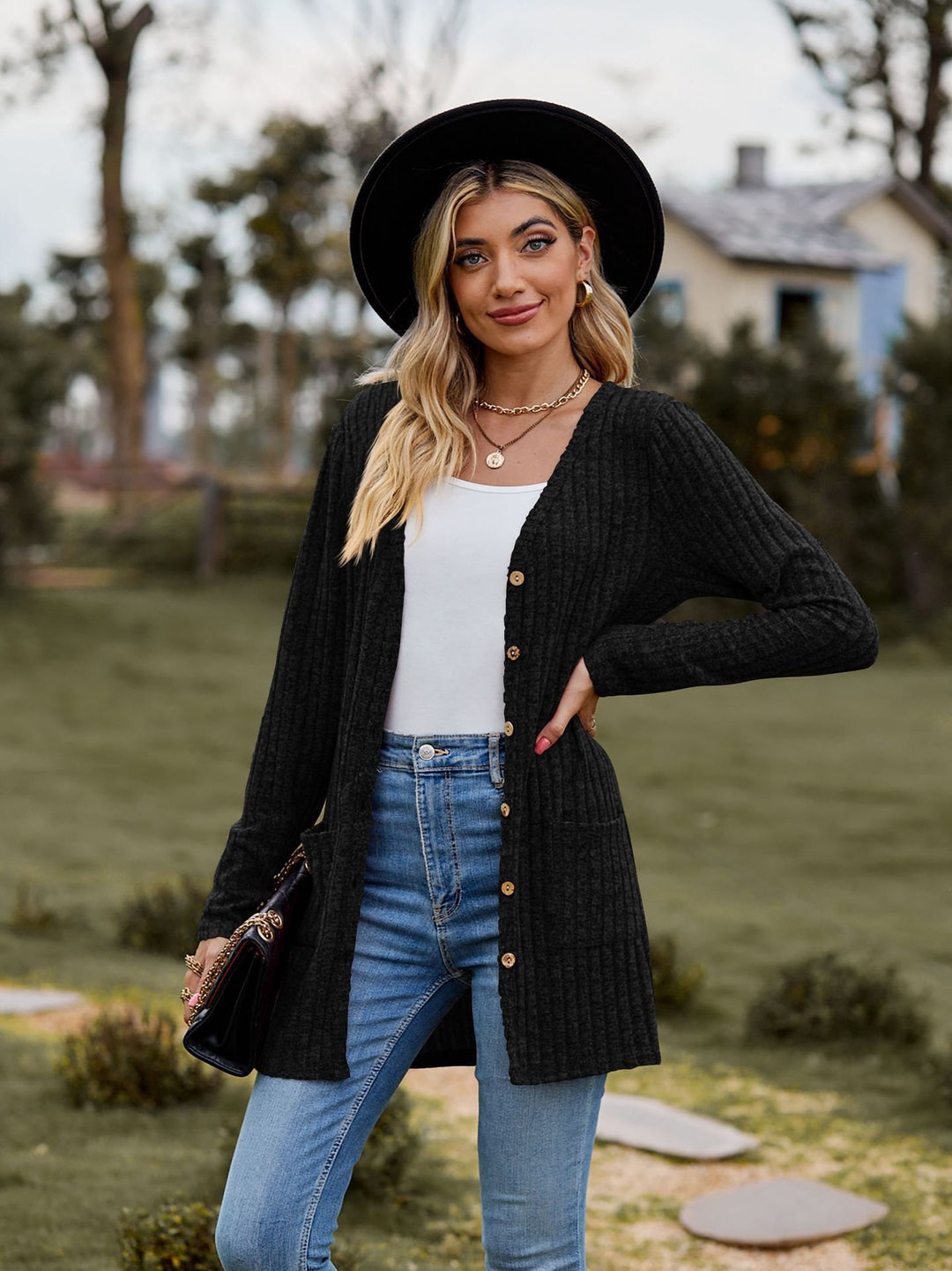 Damen lässiger Strickcardigan mit Knopfdetails und praktischen Taschen Drune