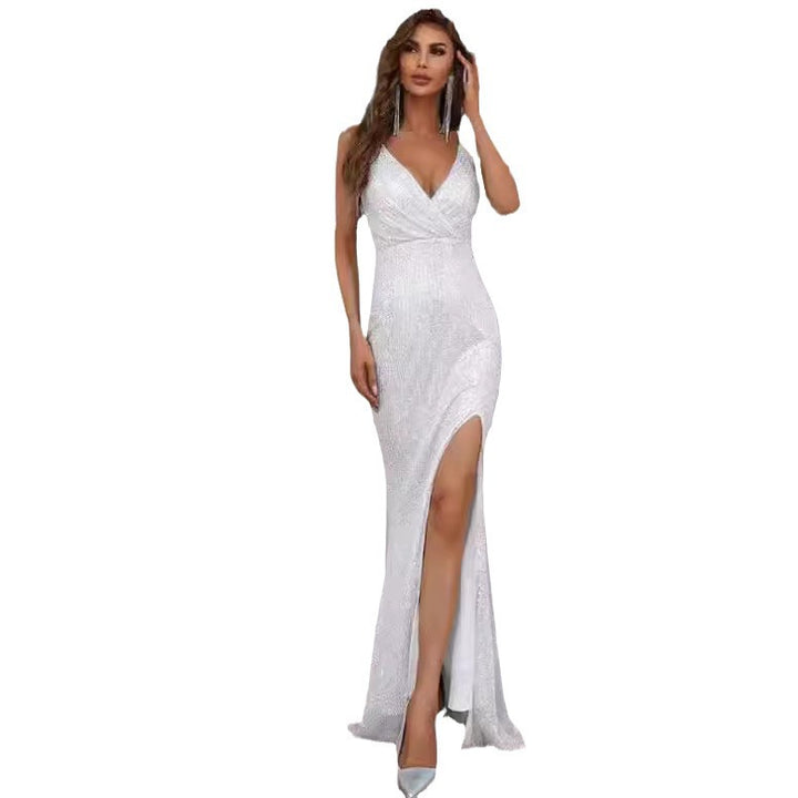 Damen Glitzerndes Abendkleid mit tiefem V-Ausschnitt und elegantem Schlitz Drune