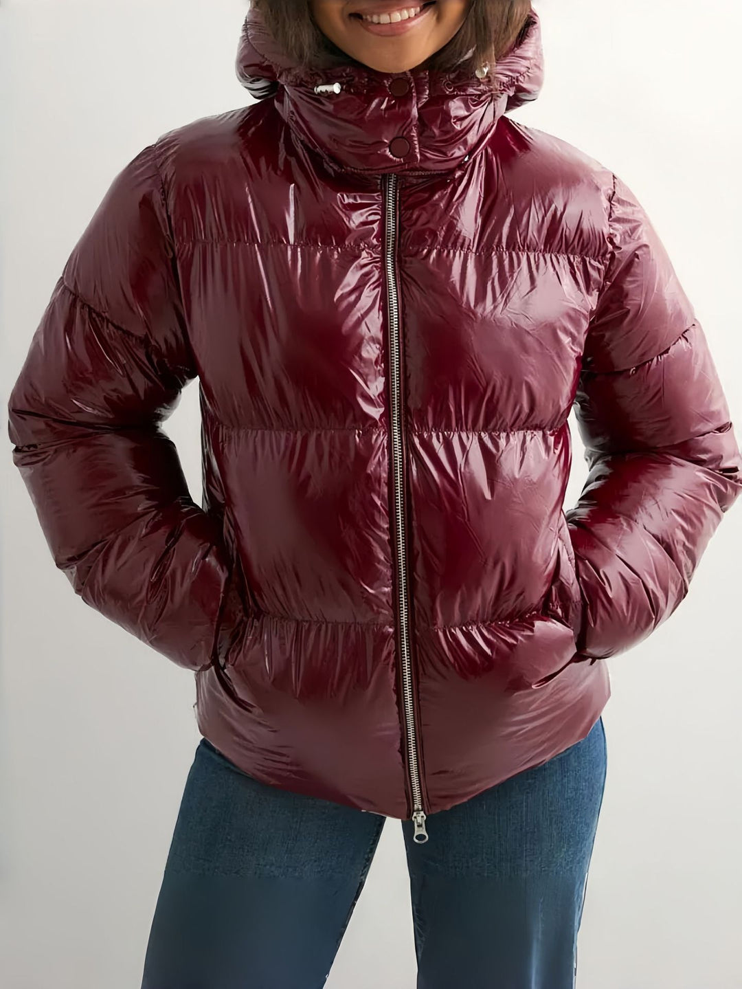 Damen Modische Hochglanz-Steppjacke mit Kapuze
