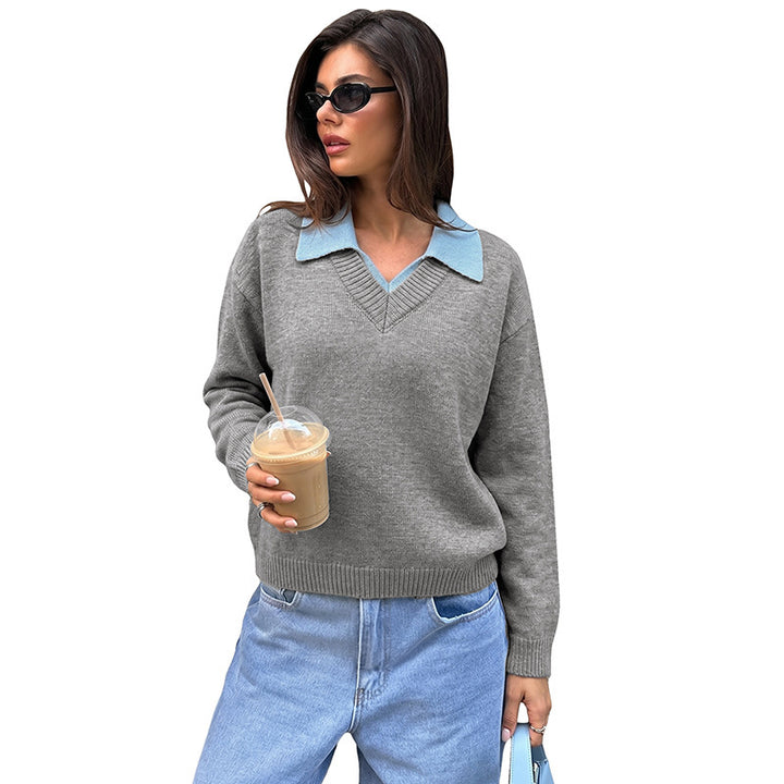 Damen Eleganter V-Ausschnitt Pullover mit Hemdkragen Drune