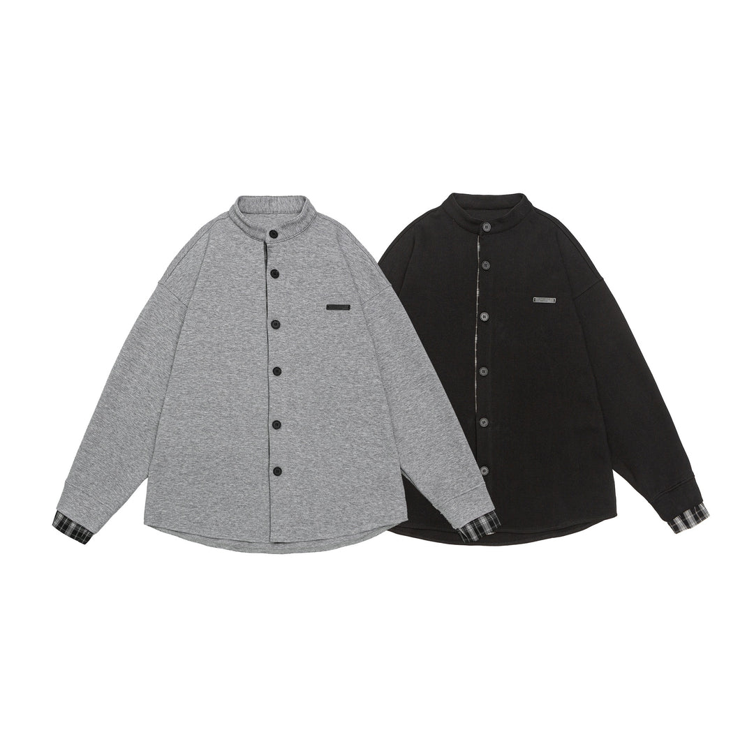 Unisex Oversize-Sweatjacke im Hemdjacken-Look mit Stehkragen Drune