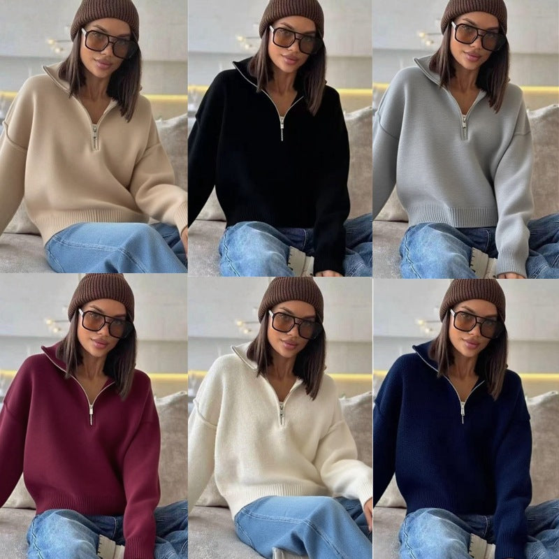 Damen Grobstrick Pullover mit Halbreißverschluss und oversized Passform Drune