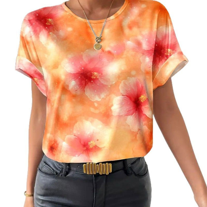 Damen nan lockeres Kurzblusen-Shirt in Seidenoptik mit Aquarellblütenprint und Umschlagärmeln Drune