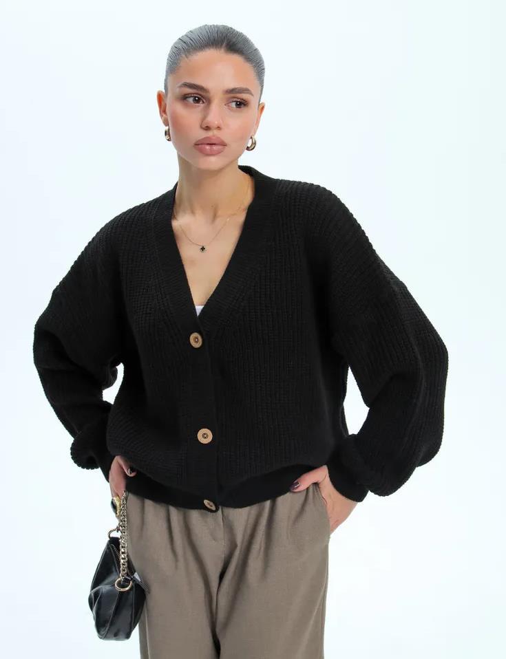 Damen lässiger Strickjacke mit voluminösen Ärmeln und modernen Knopfdetails Drune