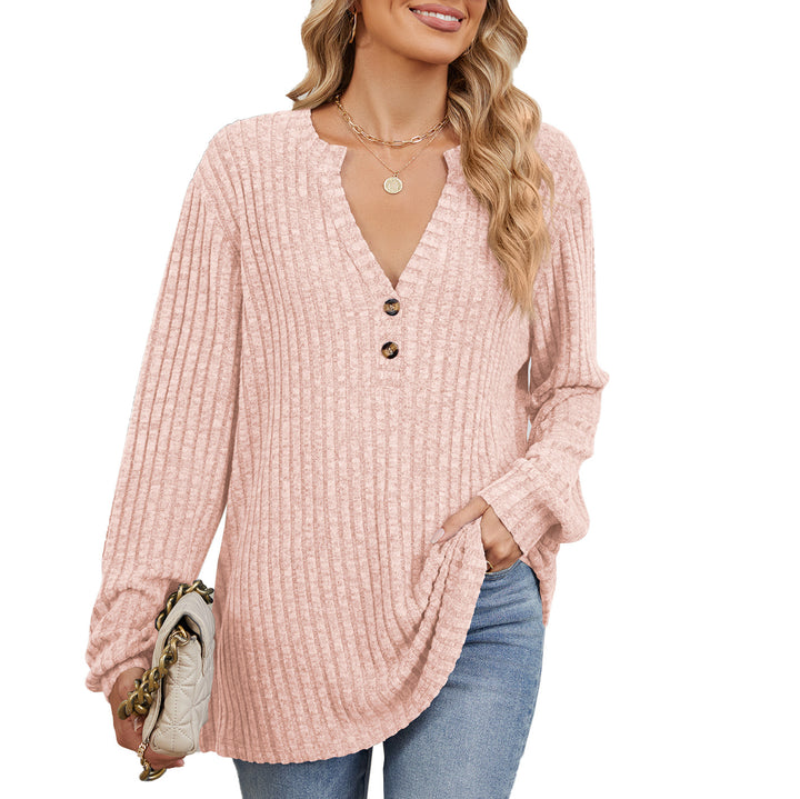 Damen Langarmshirt mit strukturiertem V-Ausschnitt und Knopfdetails Drune