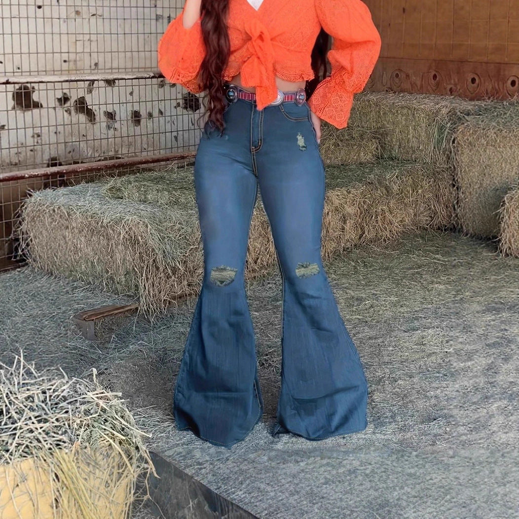Damen Figurformende Schlagjeans im Retro‑Flair mit zerrissenen Knien und taillenbildendem Komfortbund Drune