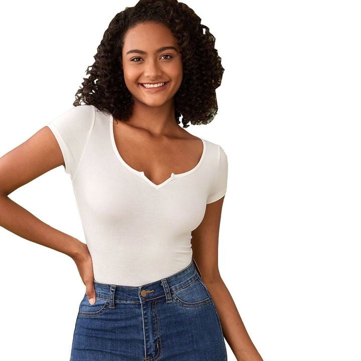 Damen figurbetontes T-Shirt mit tiefem V-Ausschnitt und kurzen Ärmeln Drune