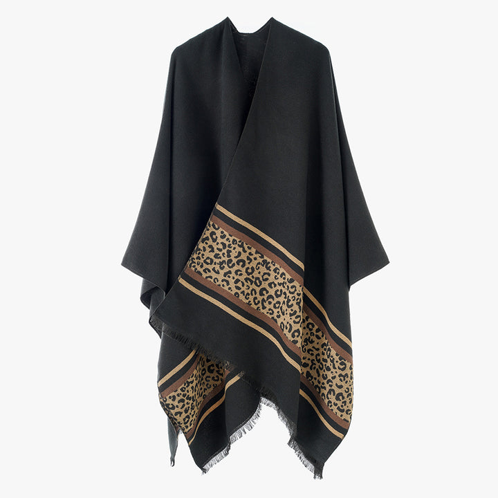 Damen Cape-Poncho aus Feinstrick mit Leoparden-Bordüre und asymmetrischem Saum Drune