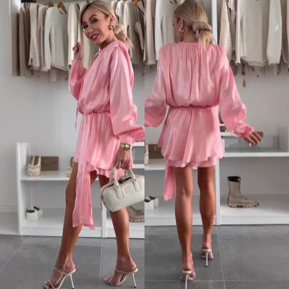 Damen elegantes Wickelkleid aus seidig glänzendem Stoff Drune