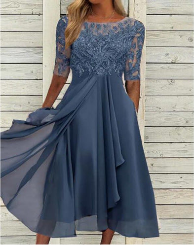 Damen Elegantes Midikleid mit Spitzenärmeln und schwingendem Rock Drune