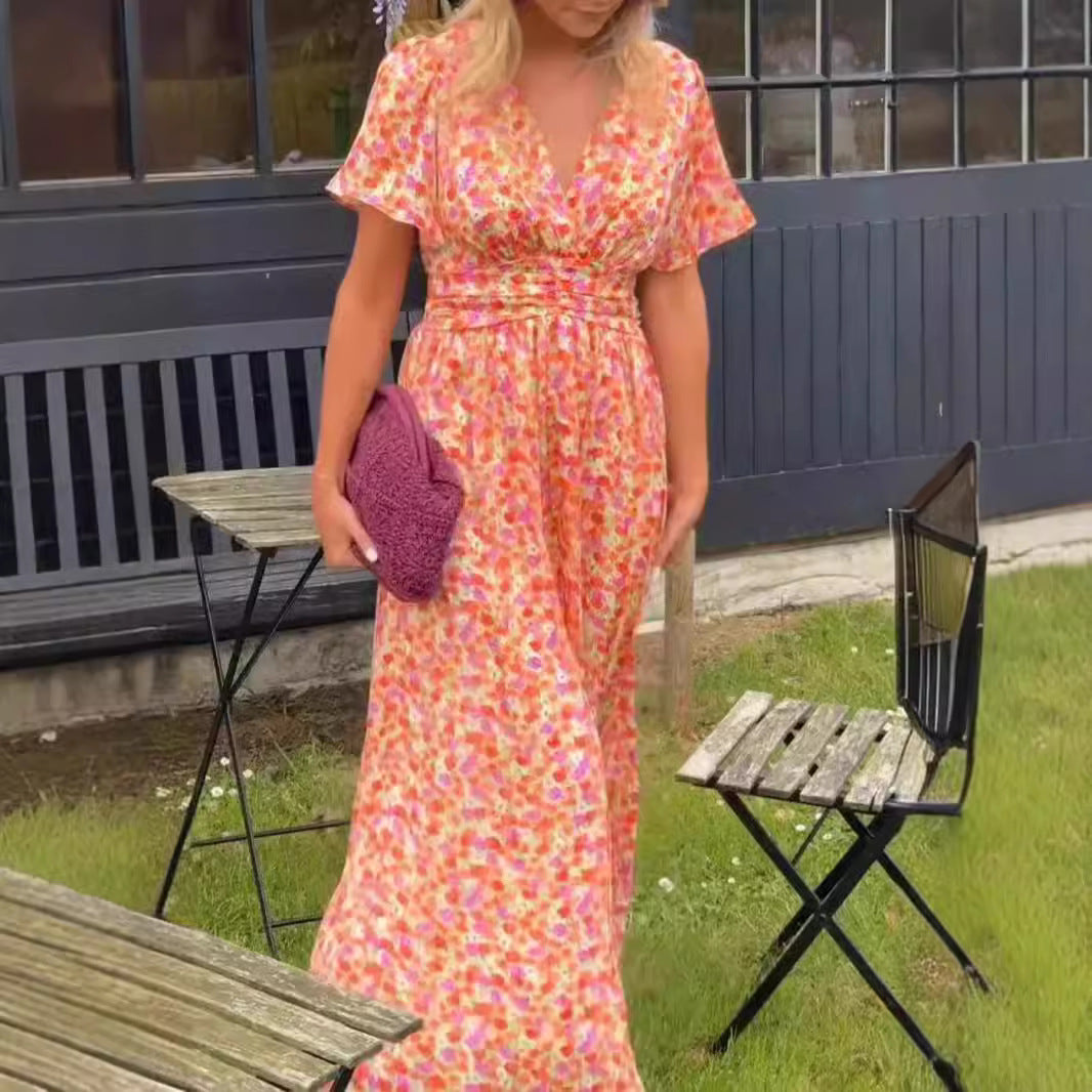 Damen Maxikleid mit elegantem Blumenmuster und tiefem V-Ausschnitt Drune