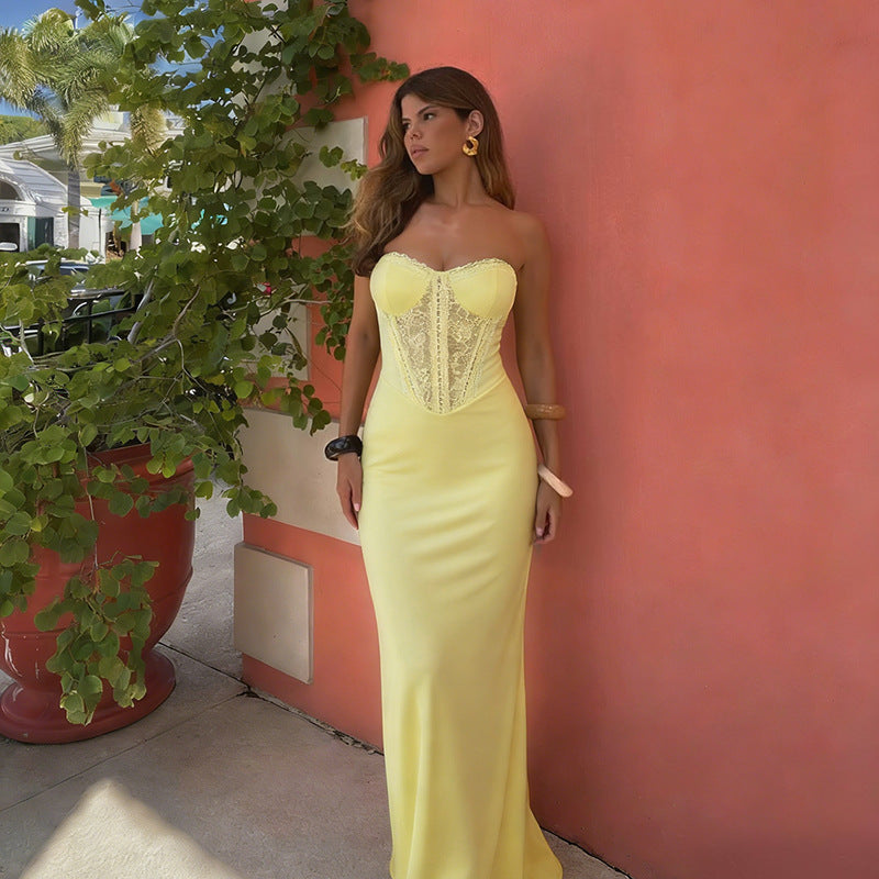 Damen elegantes Bodycon-Maxikleid mit Spitzenakzenten Drune