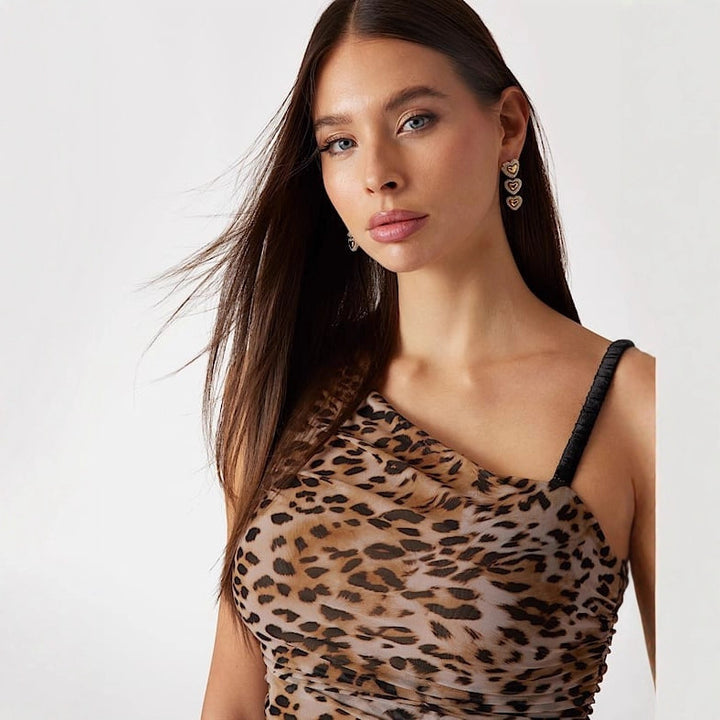 Damen Asymmetrisches Top mit Leopardenmuster und raffinierten Rüschen Drune