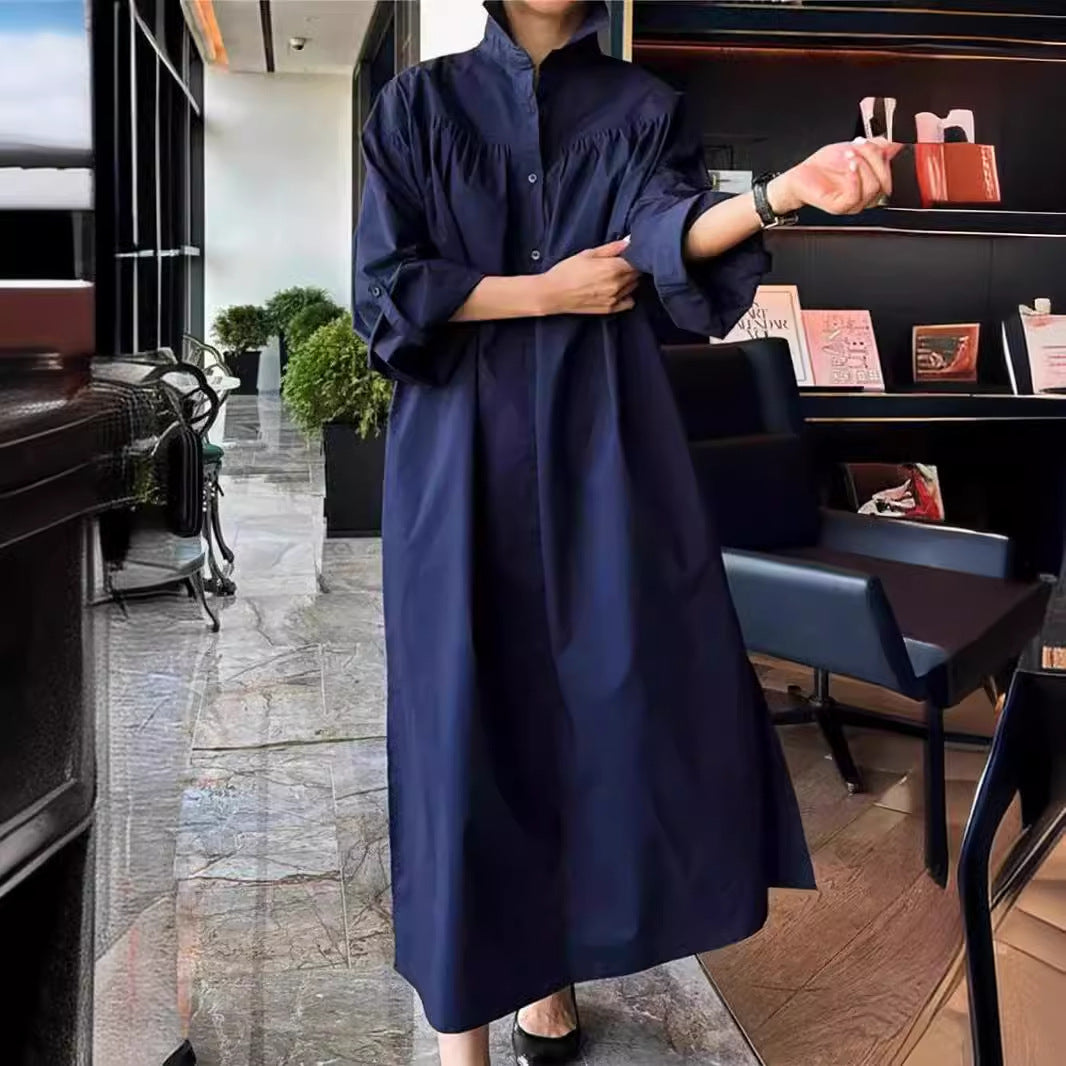 Damen Maxikleid im Oversize-Hemdstil mit Stehkragen, Schulterpasse und Eingrifftaschen Drune