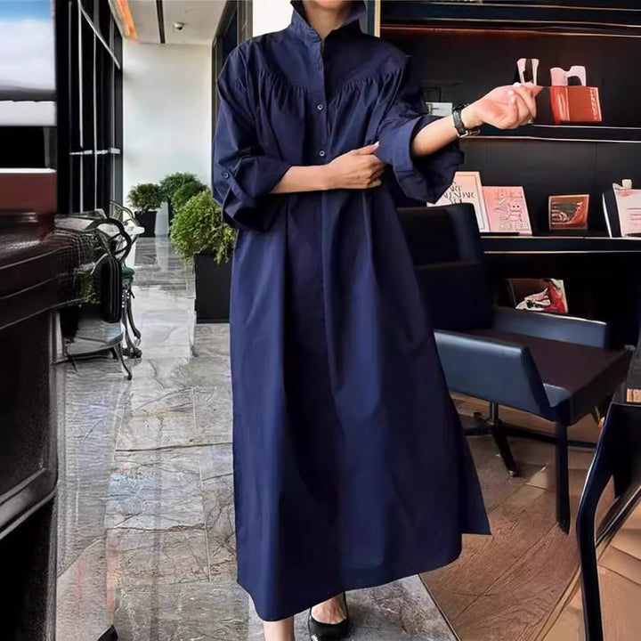Damen Maxikleid im Oversize-Hemdstil mit Stehkragen, Schulterpasse und Eingrifftaschen Drune