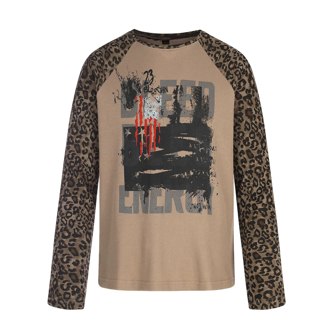 Damen Langarmshirt im Baseball-Stil mit Leopardenärmeln und Grafikprint Drune